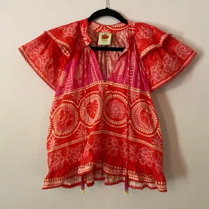 Farm Rio Red Pink Paisley Tropical Floral Blouse Beaded Tassel Boho Resort Small thumbnail 2