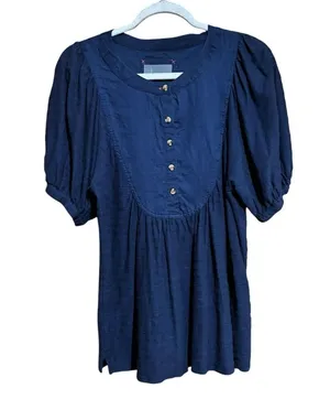 Anthropologie Top Womens Small Blue Seersucker Short Sleeve Cotton Blouse thumbnail 1