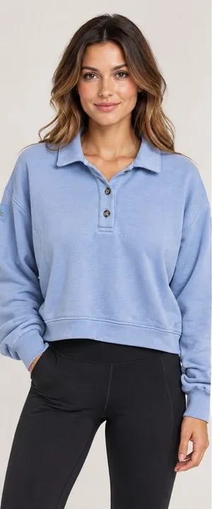 Alo Yoga Blue Cropped Polo Sweatshirt Women’s M/L Oversized Long Sleeve thumbnail 1