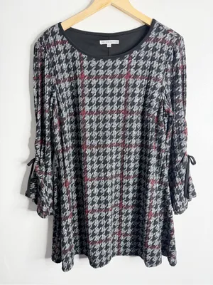 Sandra Darren Houndstooth Plaid Dress Bell Sleeve Black Burgundy Large Work thumbnail 2