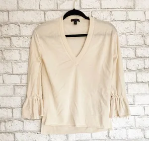 J. Crew V Neck Cream Ruffle Sleeve Sweater XS thumbnail 1