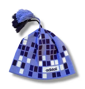 Adidas Plaid Pom Pom Beanie Hat Blue Purple One‎ Size Unisex Winter Knit thumbnail 1