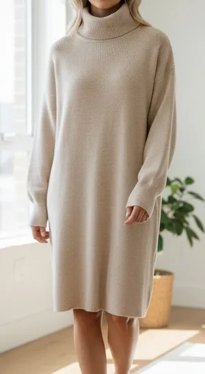 Babaton Aritzia Ribbed Turtleneck Sweater Dress Beige Oversized Small thumbnail 1