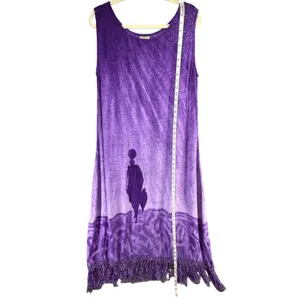 Vintage Magic Shift Dress Womens L Purple Abstract Print Fringe Hem Boho Artsy thumbnail 8