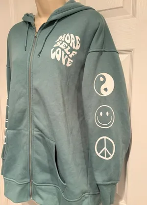 Forever 21 More Self Love Zip Hoodie Women's S Teal Green Fleece Oversized Cozy‎ thumbnail 1