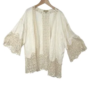 Democracy Kimono Cardigan Womens L Cream Crochet Lace Embroidered Boho Festival thumbnail 1
