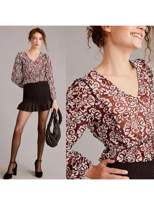 By‎ Anthropologie Jacquard Peasant Blouse Women's Blouse Wine M Ruffle Peplum thumbnail 2