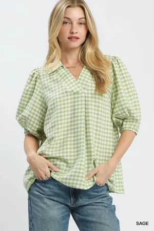 Umgee Gingham Puff Sleeve Collared Blouse - Medium thumbnail 1