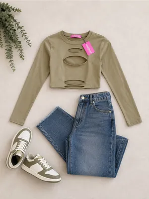 Edikted Olive Green Distressed Cutout Long Sleeve Crop Top Size M NW thumbnail 7