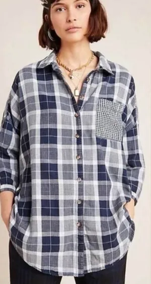 Anthropologie pilcro the letterpress blue plaid boyfriend collared flannel m/l thumbnail 1
