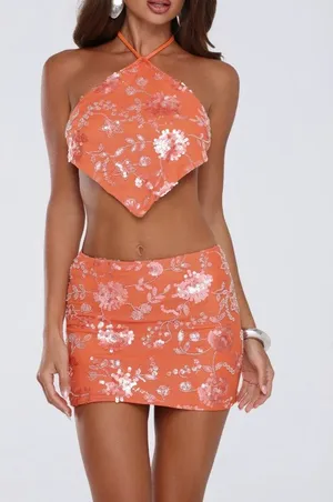 Hello Molly Sunkissed Oasis Mini Skirt Halter Top Set Size XS in Orange thumbnail 1