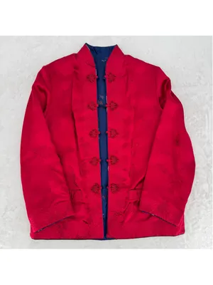 Peony Asian Kimono Jacket REVERSIBLE Blue Floral or Red Shanghai China Vintage L thumbnail 12