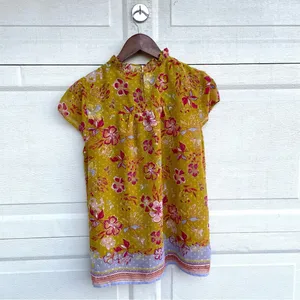 Joie Womens Shirt Blouse Mustard Yellow Pink Floral Ruffed Collar Medium thumbnail 3