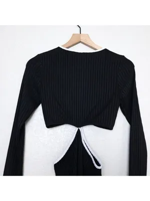 Showpo Ribbed Cutout Long Sleeve Midi Dress 2 Black White Bodycon thumbnail 7