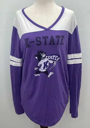 Venley K-State Wildcats Women’s Colorblock Logo Long Sleeve V-Neck Shirt Medium thumbnail 1