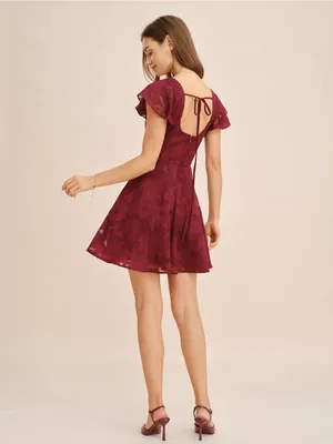 Rihoas Wine Red Square Neck Jacquard Mini Dress thumbnail 5