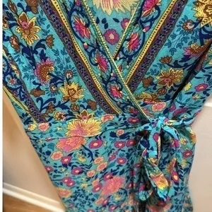 ZESICA Womens Teal Floral Wrap Dress Short Sleeve Boho‎ V-Neck Mini Dress S thumbnail 5