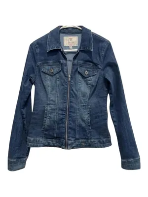 Guess Rigby Denim Moto Zip Distressed Blue Jean Jacket Medium thumbnail 2