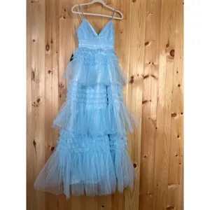 NWT Lulus Gorgeous Statement Blue Tulle Tiered Ruffled Maxi Dress Prom Gala XS thumbnail 2