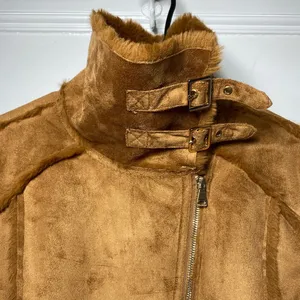 Wiya / Boutique Faux Suede Fur Full Zip Moto Jacket Camel Sz Medium thumbnail 4