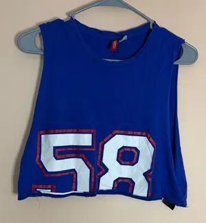 H&M Blue Sleeveless Crop Top with White and Red '58' Graphic thumbnail 1