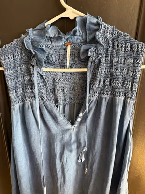 Free People Washed Denim Blue Smocked Ruffle Tie-Front Camisole thumbnail 3