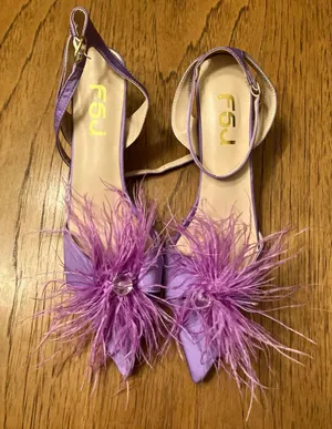 FSJ Purple Satin Pointed Toe Strappy Ankle Strap Feather Pumps Party US 7 thumbnail 1