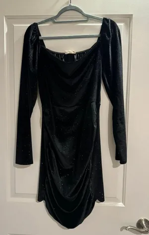 Black Sparkly Velvet Mini Dress With Sleeves thumbnail 1