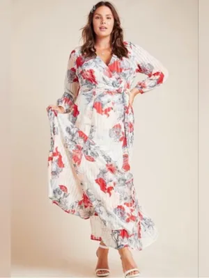Anthropologie Hutch Giselle Floral Chiffon‎ Wrap Maxi Dress Red Jardin Sz Medium thumbnail 3