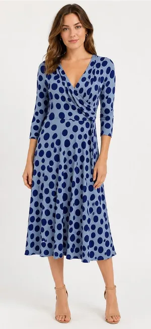 Boden Dress Women's Size 4 Long US, 8L UK Blue Polka Dot V Neck 3/4 Sleeves Work thumbnail 1