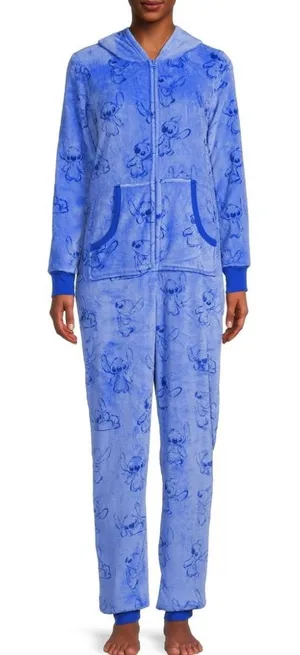 Disney Lilo & Stitch Hooded Union Suit Plush One Piece Pajamas Blue M thumbnail 1