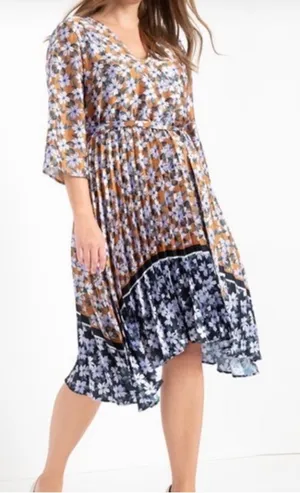 Eloquii Floral Mixed Print Satin Asymmetric Pleated Plus Size Midi Dress 16‎ 529 thumbnail 1