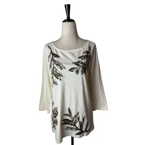 Tommy Bahama Shirt Women Small Ivory Cotton Sequins Floral‎ Tee Coastal Preppy thumbnail 2