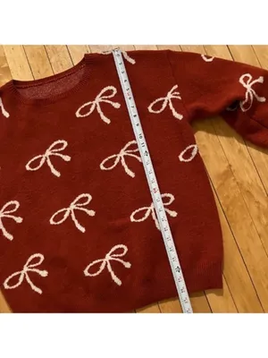 Rustic Orange Chunky Pullover Fall Coquette Sweater Bow Print Size XXL thumbnail 5