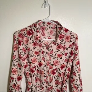 Women's‎ Button Down Shirt Dress Light Pink Rose Floral Belted Long Sleeve Roll thumbnail 3