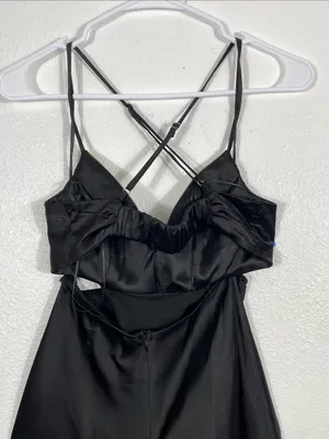 Hello Molly Black Satin Spaghetti-Strap Cutout Maxi Dress with Silver Trim SZ 4 thumbnail 9