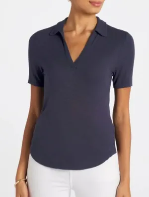 NWT Michael Stars Nico polo tee navy blue admiral eco 2x1 ribbed short sleeve S thumbnail 1