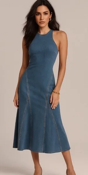 Future Collective Denim A Line Midi Dress 10 Medium Wash Blue Jean Racerback thumbnail 1