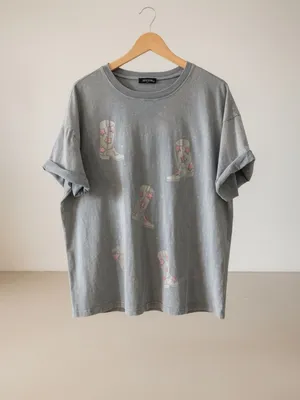 Zutter USA Cowboy Boots Pink Sparkle Star Graphic Tee Gray Size L thumbnail 3