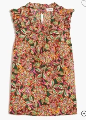 J. Crew Factory Women's Size Medium Sleeveless Ruffle Top Dark Green Pink Orange thumbnail 1