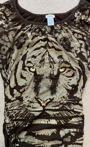 Vintage Cache Tiger Face Bodycon Dress Fierce Wild Brown & Gold‎ Ruched Stretch thumbnail 1