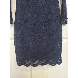 Navy Blue Floral Lace Body Con Long Sleeve Dress Y2K Club M Off Shoulder USA thumbnail 7