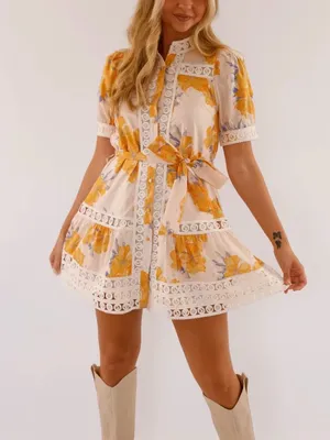 Entro Fall Floral Mini Dress Tie Belt Lace Detail Short Sleeve Size Small S thumbnail 1