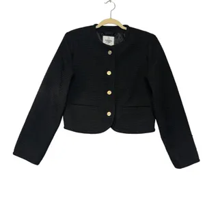 Abercrombie Black Textured Lady Jacket Gold Button Tweed Cropped Capsule Wardrobe Work Small thumbnail 2