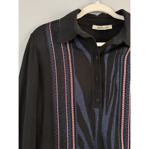 Roberto Cavalli Black Metallic Knit Long Sleeve Polo Shirt Women’s Size Large thumbnail 3