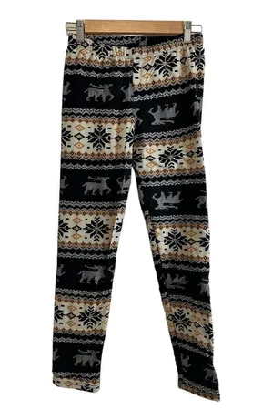 LA 12 ST Black and Cream Deer Winter Fleece Lined Leggings Size “One Size” thumbnail 1