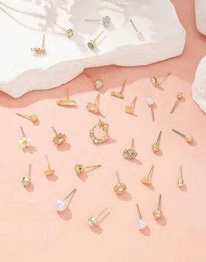 30 Pairs Assorted Minimalist Stud Earrings Set, Faux Pearl, Metal, Rhinestone, Bow, Flower, Musical Note Design, Suitable For Daily Wear And Commuting For Women thumbnail 2
