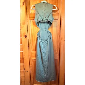 Aritzia Babaton Cella Satin NWOT Linen Blend Cutout Maxi Dress Open Back M Olive thumbnail 5