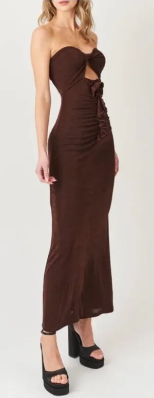 AmyLynn‎ Twist Front Rosette Maxi Dress Small Wedding Guest Romantic Chic Brown thumbnail 1
