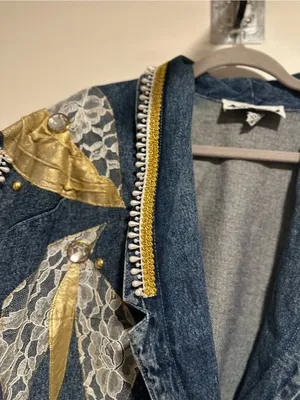 VTG 80s AFSY SzS Loose embellished denim coat gold metallic appliqué lace bead. thumbnail 10